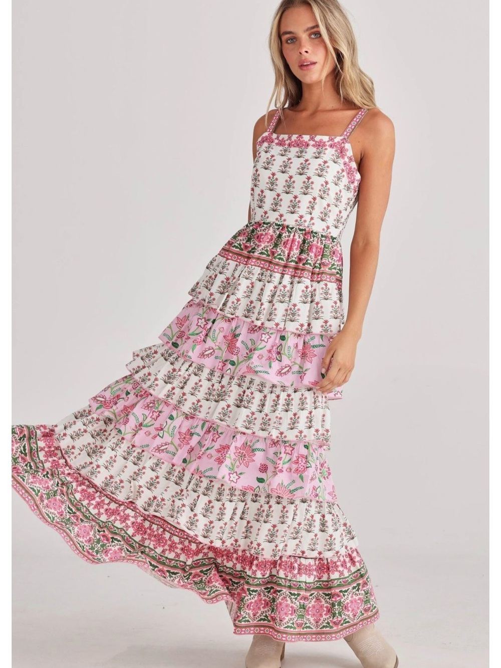 Talisman The Label Cottagecore Pink Floral Maxi Dress Tiered Sz M Praire
